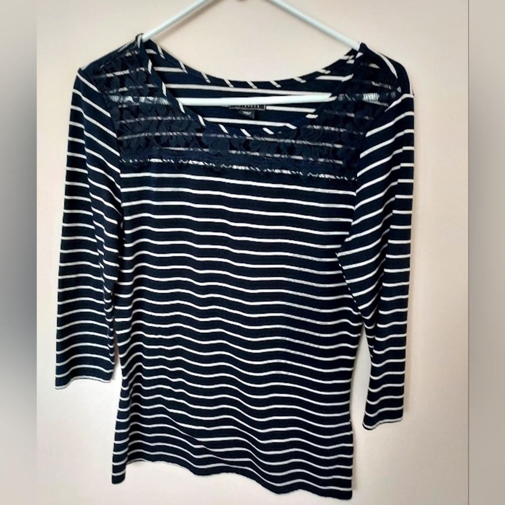 Metaphor navy & white striped 3/4 sleeve top Lace Collar Large Nautical Preppy